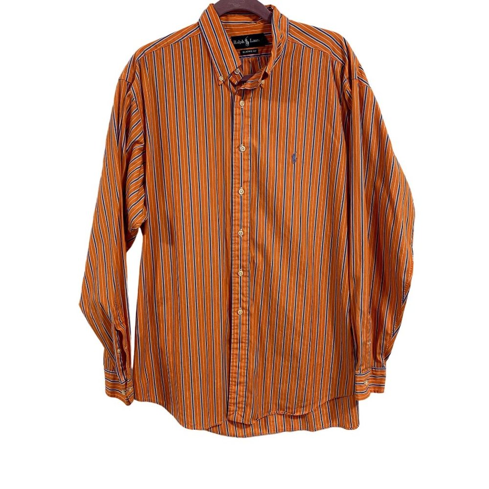 Ralph Lauren Classic Fit Orange, Blue, White Stripe Button Down Shirt Size 17 XL